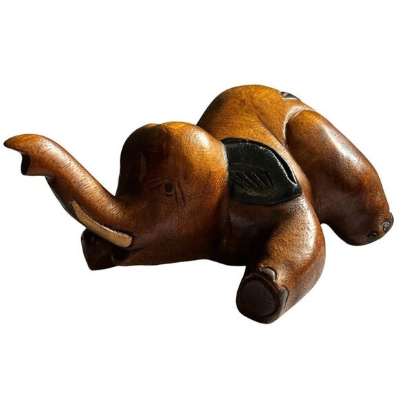 Antique Playful Baby Elephant Hand Carved Solid Wood Two Tone - Picture 3 of 14